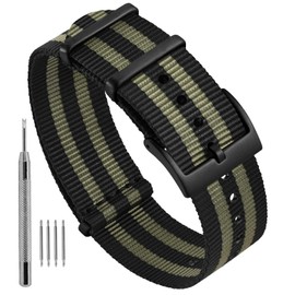 Ayadoo 20mm One-Piece Military Style Nylon Watch Band, Black+Grey Watch Strap with Black Buckle