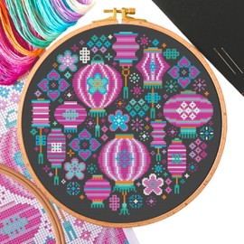 Paper Lanterns Cross Stitch Kit - Optional Hoop - Handmade Modern Craft for Adults - Create Your Own Home Décor Sewing - with Zweigart Fabric and DMC Thread - Independent UK Seller
