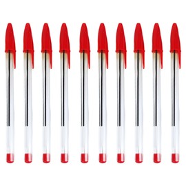 10 Pack Red Ballpoint Pens – 1.0mm Medium Tip Biros for Smooth Writing – Clear Barrel Pens for School, Office, Home – Ergonomic Grip Design