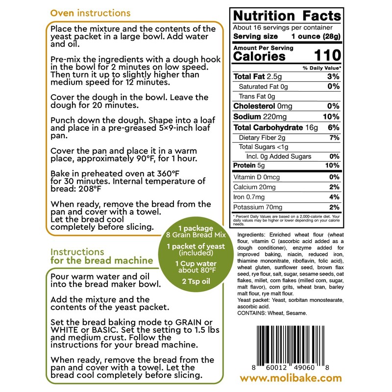 Molibake 8 Grain Bread Mix - All-Natural Multigrain Baking Mix