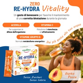 Equilibra Re-Hydra Vitality Zero Zuccheri, Insaporitore Acqua Senza Zucchero, Multivitaminico con Acerola, Vitamina C, Vitamine Gruppo B, Azione di Sostegno e Ricostituente, Gusto Pesca, 12 Stick