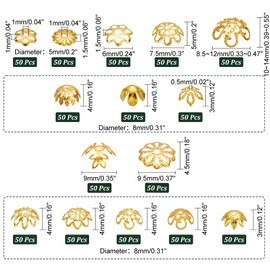 PH PandaHall 750pcs 15 Styles Bead Caps Flower Spacer End Caps, Hollow Flower Beads Caps Gold Metal Spacer Beads Caps for Bracelet Earrring Necklace DIY Jewelry Making Crafts Supplies