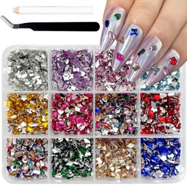 12 Grid Mixed Nail Rhinestone 3D Flatback Nail Gems and Rhinestones Colorful Nail Art Charms Sparkling Diamonds Nails Jewels for Women Manicure Art Decorations DIY Acrylic Nails Supplies