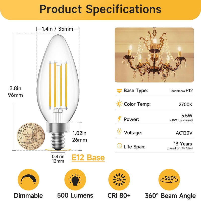 SHINESTAR Dimmable E12 Candelabra LED Light Bulbs, 60W Equivalent, 5.5W