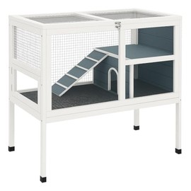 2-Story Guinea Pig Cage with Stand, Indoor Wooden Hamster Cage with Ramp, Pull-Out Tray, Hideout & Platform, Acrylic Transparent Small Animal Habitat for Chinchillas, Ferrets, Hedgehogs,Grey