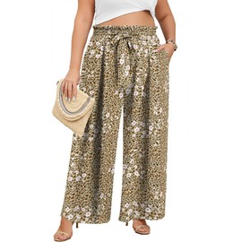 Lastshe Plus Size Palazzo Pants for Curvy Women Wide Leg Summer Casual Travel Pants High Waisted Boho Trousers, Leopard Print Beige, 3X