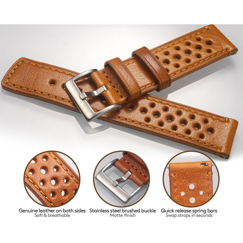 [hemsut h] Genuine Leather Watch Band, Perforated Design, Soft and