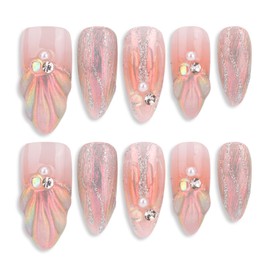Handmade Press On Nails, ATIMORY 3D Mermaid Aura Shell Press-On Nail, Medium Long Almond Oval False Nail Tips Almond False Nails Reusable with Nail Tool (L)