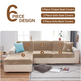 Deisy Dee 6 Pieces Sectional Washable Couch Cover - Velvet L Shape Sectional Sofa Slipcover for Both Left/Right Couch (Camel#3)