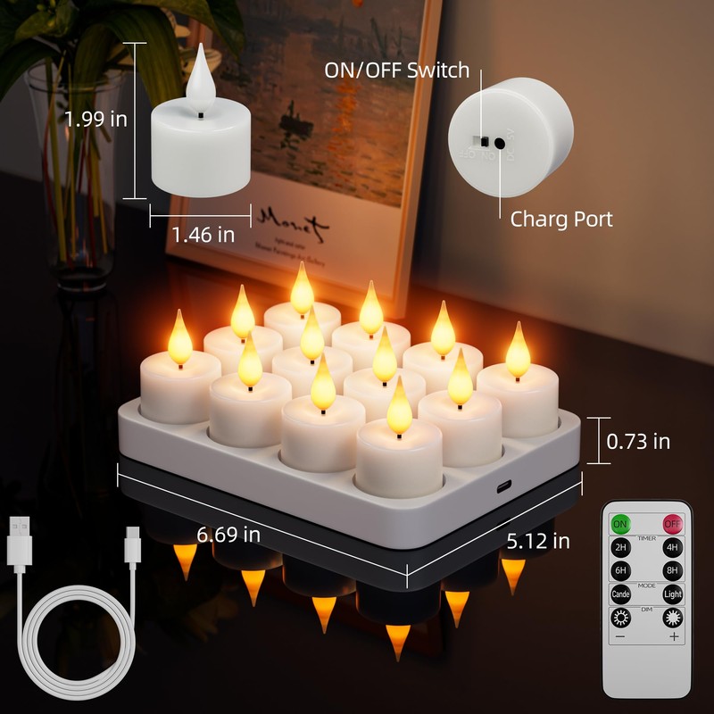 Rechargeable Flameless Tea Lights Candles with Remote Charging Base 12Pcs
