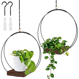 Pack of 2 Macrame Hanging Baskets with Wooden Base, Height 93 cm Hanging Pot for Indoor Use with Wooden Base, Metal Ring and Hanging Loop, Hanging Planters for Walls and Ceilings, Black (Brown)