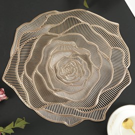 Mabbcoo Gold Placemats Pressed Vinyl Round Placemats Set of 6 Pretty Rose Shape Design Washable Dining Table Decoration Mats for Birthday Holiday Party Wedding Kitchen Decor