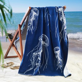 BaSaTex Cotton Beach Towel 90 x 180 cm Beach Towel Bath Towel Made of Terry Cloth Velour 100% Cotton Design Jellyfish Blue Silver