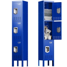 Locker Metal Storage Cabinet, Steel Office Storage Lockable Lockers for Employees Kids School Gym Home Garage Locker with Mirror & Hooks (3 Doors, Blue)