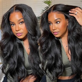 Ladoux 13x6 Lace Front Kinky Straight Wig HD Transparent Yaki Straight Frontal Closure Human Hair Wigs for Women 14Inch 180% Density Glueless Wig Pre Plucked With Baby Hair