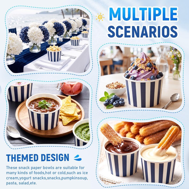 50 Count Navy Blue White Striped Ice Cream Cups Large