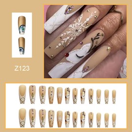 Christmas Square Press on Nails Long Length, Artificial Fake Nails with Xmas Snowflake Elk Rhinestone Designs, Acrylic Coffin False Nails for Winter Holiday, False Fingernails Glue Nails for Women