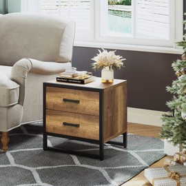 YITAHOME 2 Drawers Nightstand, End Side Table with Stroage for Small Space, Modern Bedside Bed Table with Metal Frame for Bedroom, Set of 2, Brown