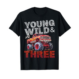 Kids 3rd Birthday Monster Trucks Young Wild and Three 3 Boys T-Shirt