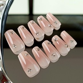 Gradient Pink Press on Nails Medium Coffin Aura Gel Nails Press ons SXVME 3D Handmade Fake Nails with Diamond Designs Cute Blush Pink Acrylic Nails Natural Spring Glue on Nails Short False Nails 30Pcs