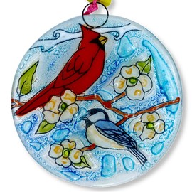 Cardinal and Chickadee Christmas Tree Ornament - Art Glass Light Catcher