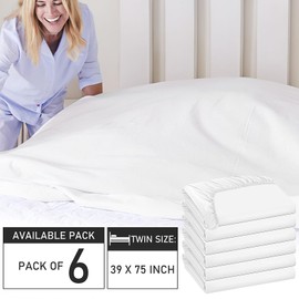 6 Pack Bedding Twin Fitted Sheets Bulk Fitted Bed Twin Size Sheet 39'' x 75'' Single Size Bottom Sheets up to 15 Inches, Ideal for School Dormitory Home Salons Hotels (White)