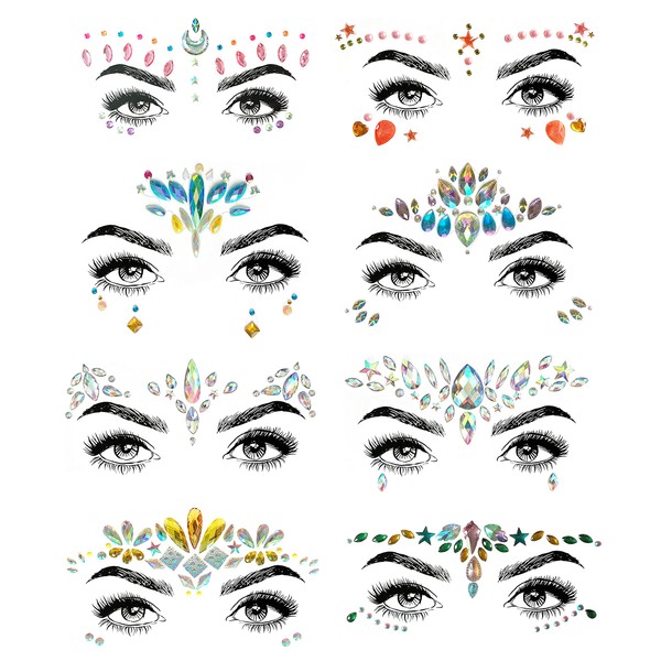 SHINEYES Pack of 8 Face Body Eyes Temporary Tattoos Face Jewels Stickers Glitter, Made of Gemstones Rhinstone Crystals for Rave Carnival Masquerade Music Birthday Party Festival