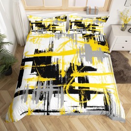 Feelyou Yellow Grey Black Bedding Set Twin Size Kids Abstract Art Comforter Cover Set for Boys Teens Modern Striped Art Duvet Cover Breathable Geometric Bedspread Cover Room Decor Quilt Cover