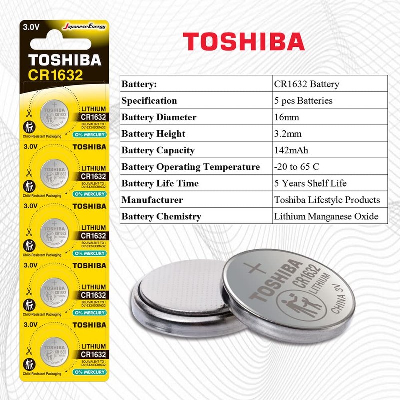 Toshiba CR1632 3V Lithium Coin Cell Battery 5 Batteries Strip