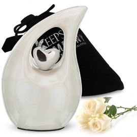 KEEPSAKE COMPANY White Teardrop Small Urns for Human Ashes/Mini Urn with Sky Blue Heart/Cremation Keepsakes for Ashes/Ash Holders (White - Silver, Extra Small - EXS (3 Cu in))