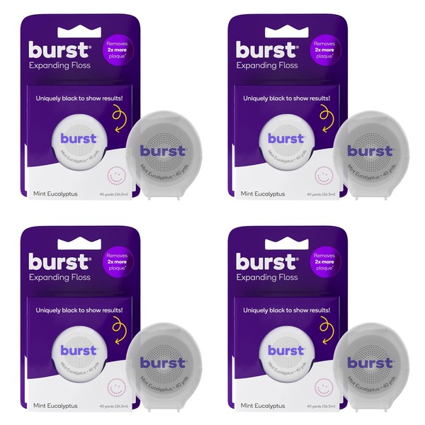 BURST Expanding Dental Floss - Stain-Absorbing, Woven Tooth Floss with Xylitol Coating to Fight Cavities - Vegan, Paraben Free, BPA Free, Cruelty Free - Mint Eucalyptus Aroma - 40 Yards Each, 4 Pack