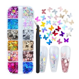 1 caja de 12 colores holográficos de mariposa para uñas con purpurina láser de lentejuelas plateadas 3D rojo dorado copos de uñas brillantes en polvo 