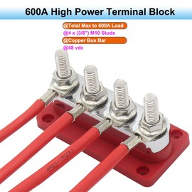 Gloaso Heavy Duty BusBar Copper Power Distribution Block 12V-48V 600A with 4X 3/8" Posts Terminal, Marine Bus Bar, DC Battery Buss Bar with Cover for Automotive RV Solar UTV Marine Wiring, Red