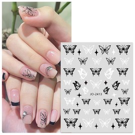 6 Sheets Butterfly Nail Art Stickers Black White Butterfly Designs Nail Stickers 3D Self-Adhesive Butterfly Stars Nail Decals Cute Nail Stickers for Women and Girls Nail Decoration Accessories