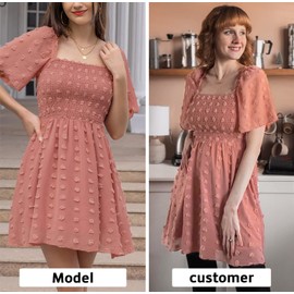 EXLURA Women's Summer Flowy Mini Sundress Square Neck High Waist Swiss Dot Smocked Ruffle Short Flutter Sleeve Dress Blush Pink