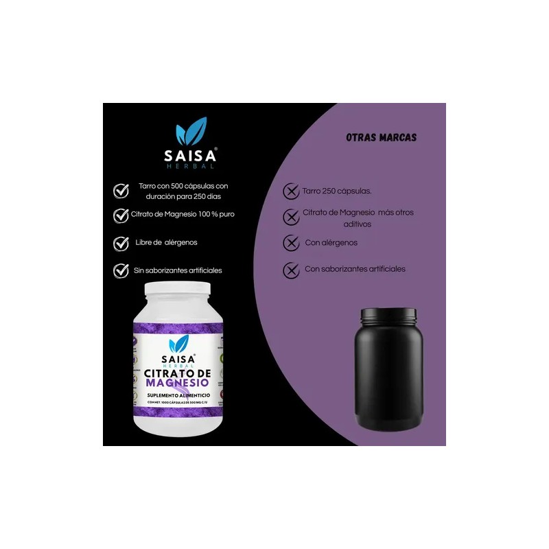 Citrato Magnesio 500 1000 Cápsulas Saisa Herbal Suplemento Alimenticio Anticalambres