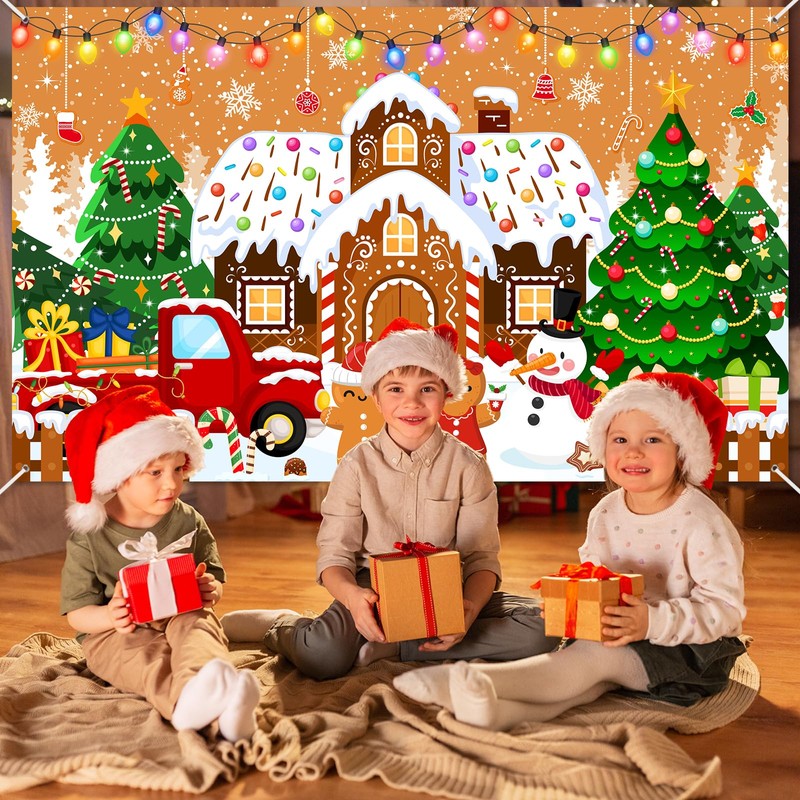 Mocsicka Gingerbread Christmas Backdrop Brown Gingerbread House Party Decorations Banner
