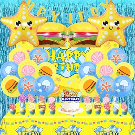 GONIGONY 48 Pcs Yellow Cartoon Birthday Decorations - Balloons, Backdrop, Cupcake Toppers, Table cloth, Foil Curtains, Party Decorations, Party Supplies
