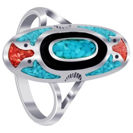 Southwestern Style Turquoise & Coral Gemstone 925 Sterling Silver Ring 7