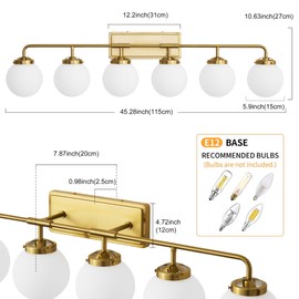 Deyidn Bathroom Light Fixtures Gold Vanity Lights Over Mirror, Modern Wall Sconce Lighting 6-Light with White Glass Globe Shade