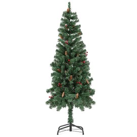 MoNiBloom 5 Feet Hinged Artificial Christmas Tree with Pine Cones and Berries, Metal Stand, PVC Branch Tips, Green Slim Pencil Xmas Tree for Holiday Decoration Home Office Party Indoor Outdoor