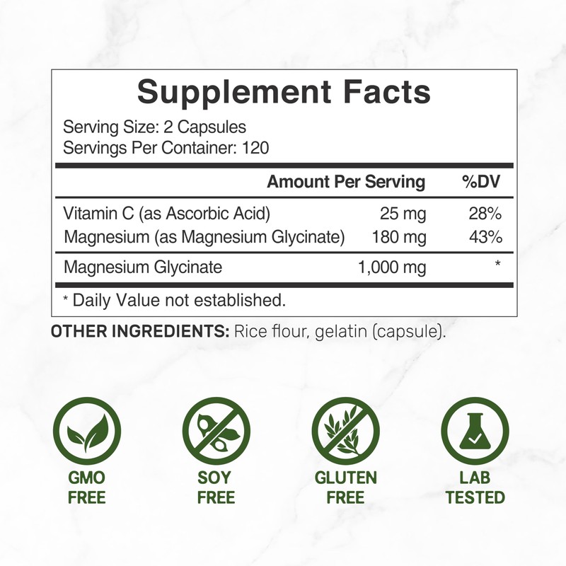 Magnesium Glycinate 500mg Per Capsule (1000mg Per Serving) Plus Vitamin