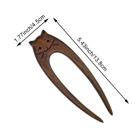 2 PACK Ebony Cat Face Hair Forks, U Shaped Wooden Hair Pins for Buns, French Vintage Matte Hairpins, Valentines Christmas Wedding Prom Decorative accessories for Women Girls Long Thick Hair Updo