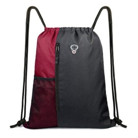 BeeGreen Drawstring Backpack Gym Bag For Men & Women – Sports Sackpack with Mesh Water Bottle Holder & 2 Zippered Pockets – Large 16x20 Inch Cinch Backpack Workout Bag for Running, Travel Black Red