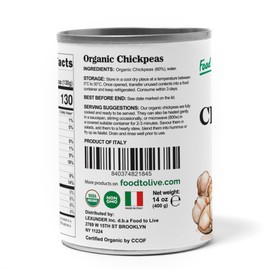 Food to Live Organic Canned Chickpeas, 14 oz (Pack of 1) - Unsalted Non-GMO Garbanzo Beans. Vegan. USDA Certified Organic. Good Source of Fiber and Protein. Wholesale. Made in Italy