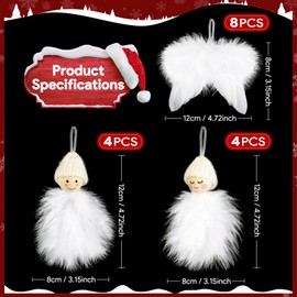 WEVOL Christmas Tree Decorations White, Pack of 16 Christmas Tree Decorations Angel Wings and Gnome Pendant Set, Christmas Tree Decoration Feather for Hanging Outdoors Indoor Christmas Wedding Home