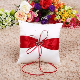 Ribbon Decorative Pillow Ring Bearer Pillow Romantic Cushion with Bowknot Double Heart Rhinestone,Ceremony Wedding Party Home Decor(Red)