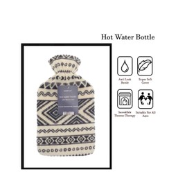 Fleece hot Water Bottles 2litre Multiple Designs Easy Removable Cover Soft and Cosy (Black-creamPatterened)