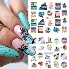 Beach Nail Art Stickers Decals Summer Nail Art Supplies Water Transfer Green Palm Sunshine Beach Sea Wave Design Cool Summer Day Nail Accessories DIY for Women Girls 12 Sheets