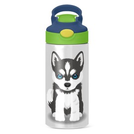 Siberian Husky Puppy Kids Water Bottle with Straw and Carry Handle Cute Dog Vacuum Insulated Stainless Steel Bottles 12 oz Green Lid Leak-Proof for Boys Girls Toddler 4-8 Years Old